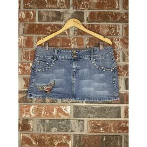 VTG No Boundaries Micro Mini Denim Skirt Juniors 15/16 Studded Embroidered Y2K